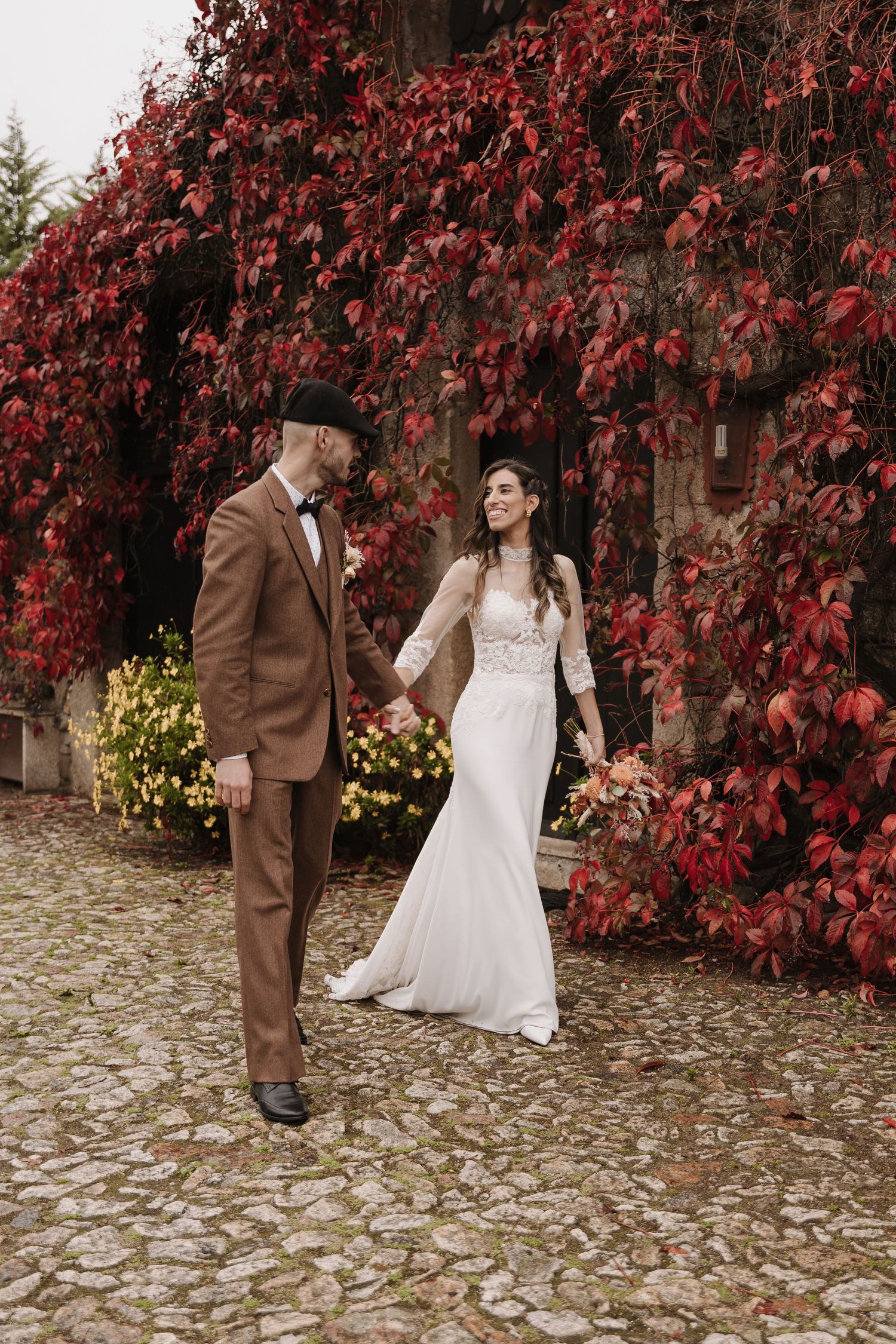Moments of two at wedding venue with Autumn Colors. Wedding photoshoot