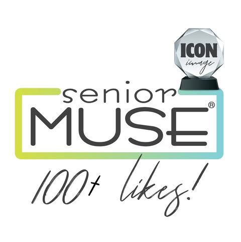 Senior Muse Icon Image 100+ likes award badge logo with gradient green and blue border.