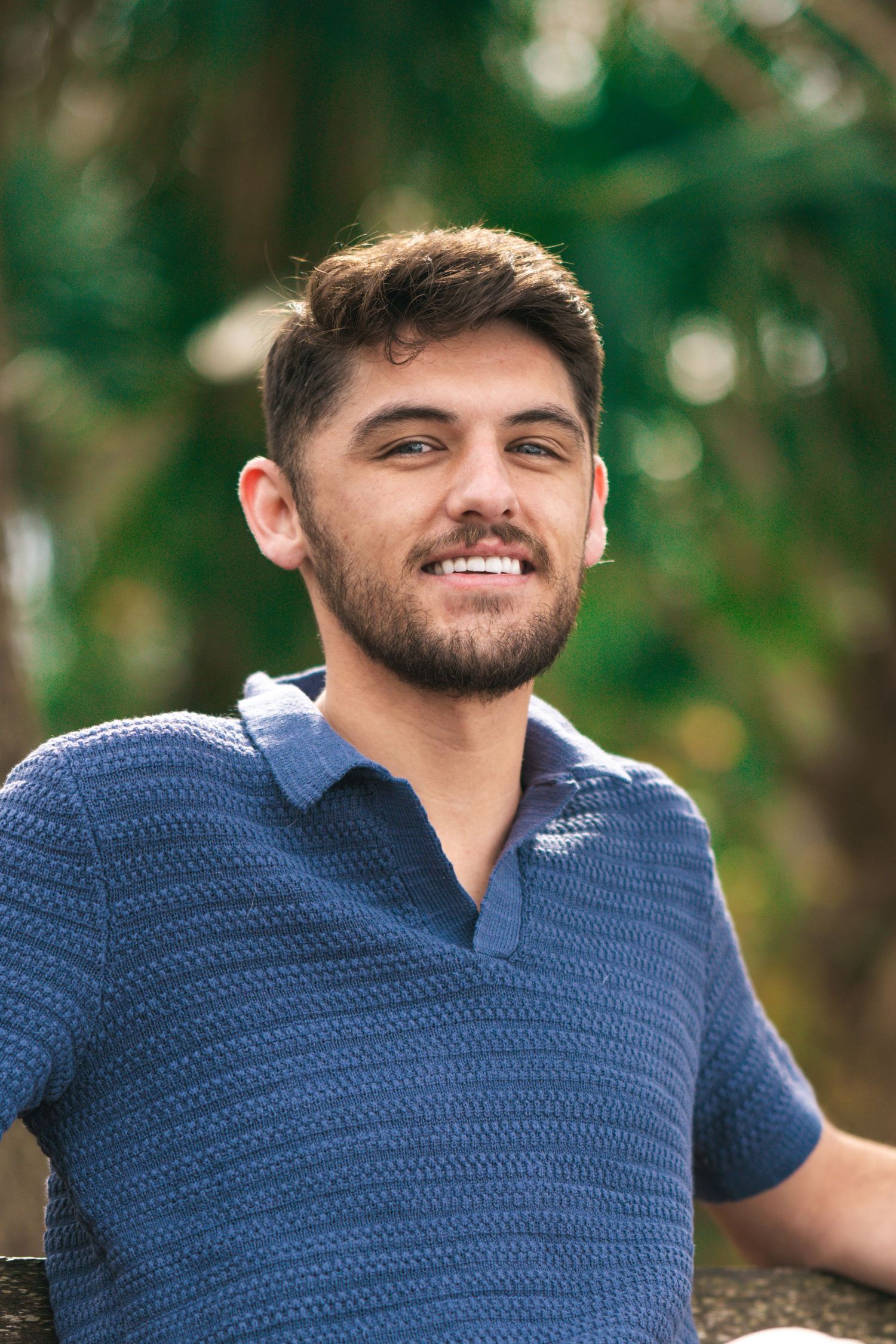 Series of casual outdoor portraits with soft natural lighting and greenery background.