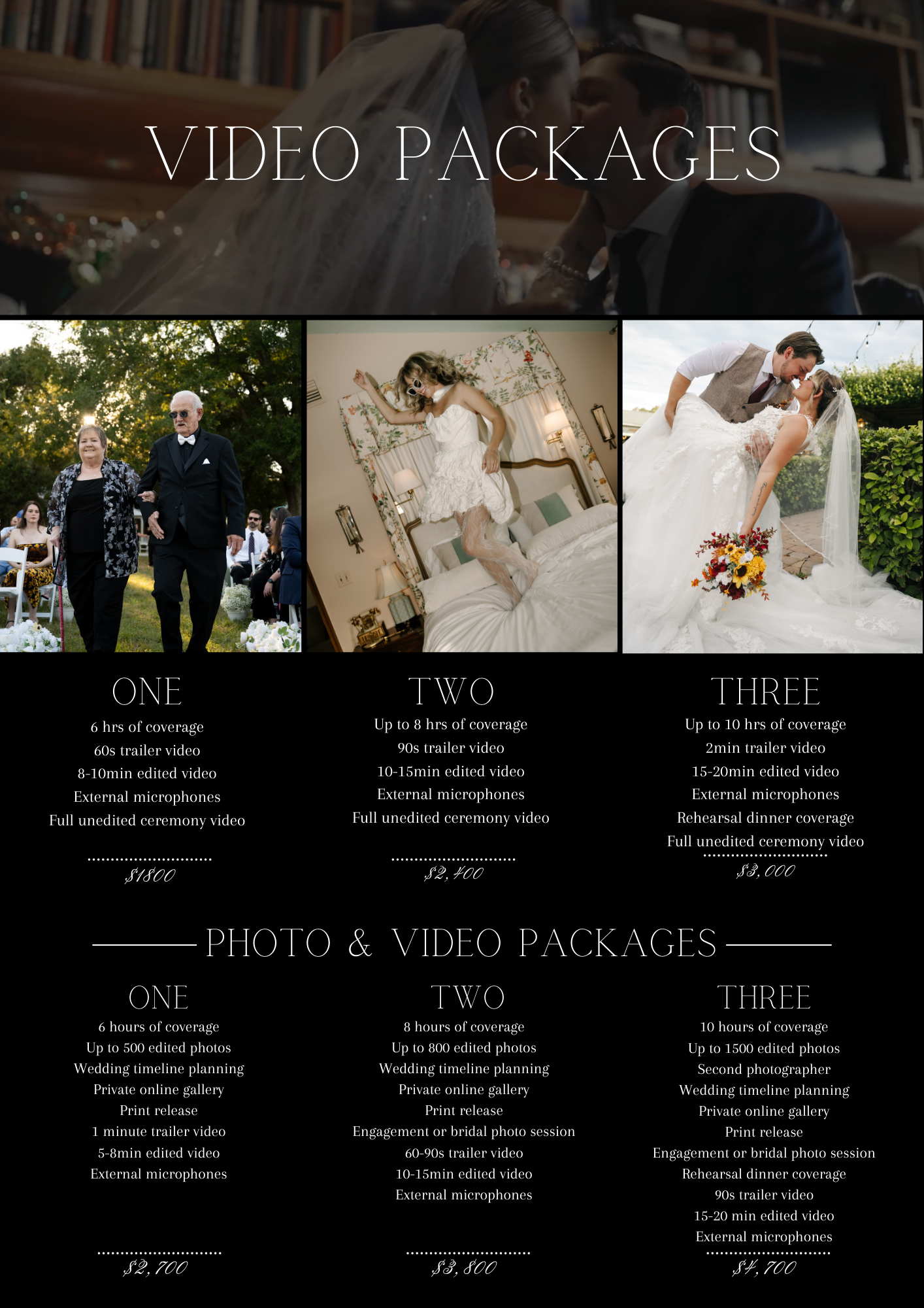 Wedding video and photo package pricing display with sample images on dark background.