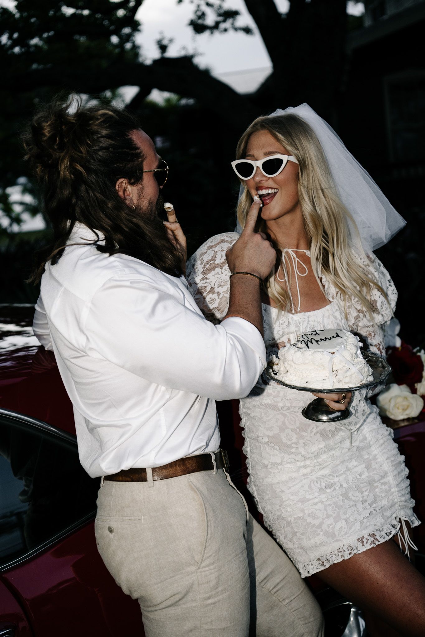 Fun wedding reception moments with bride wearing retro sunglasses.