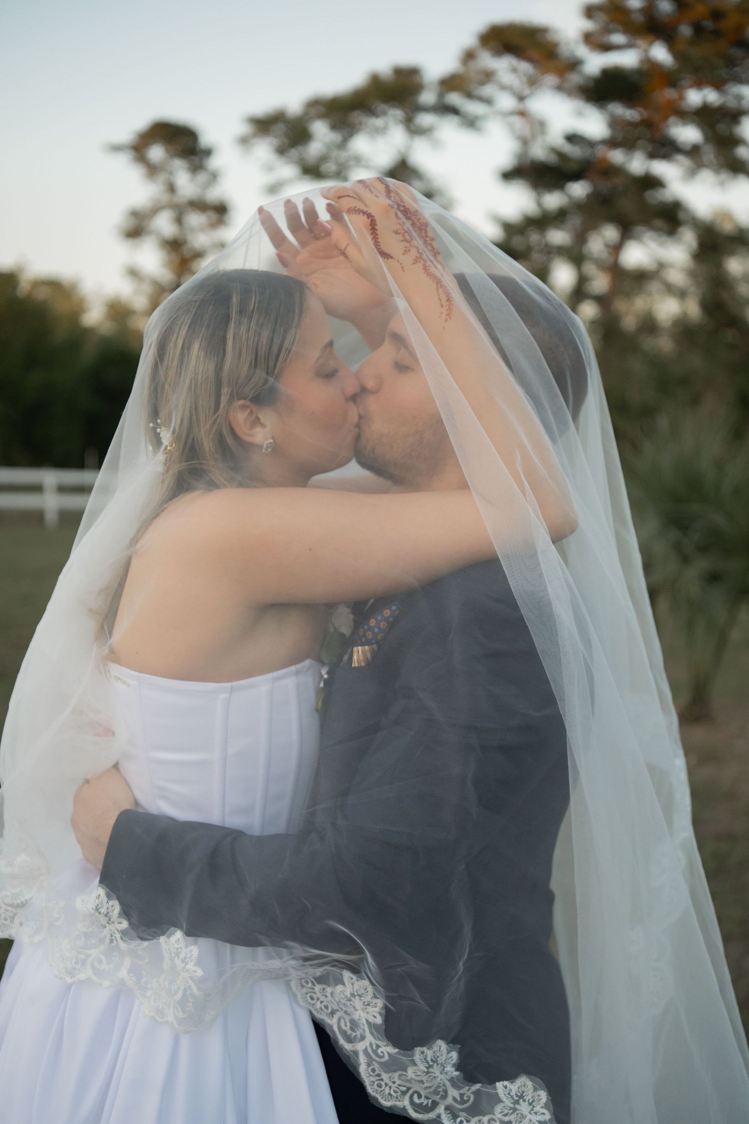 Romantic wedding couple sharing intimate moments under a delicate veil outdoors.