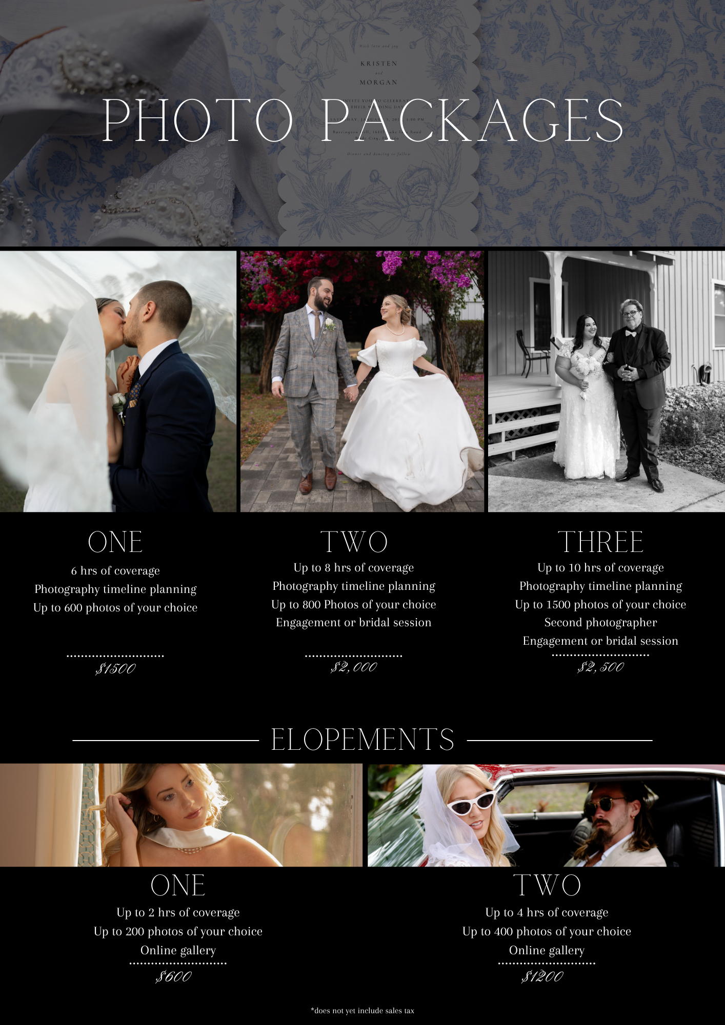 Wedding photo package pricing guide with sample images arranged on dark background.