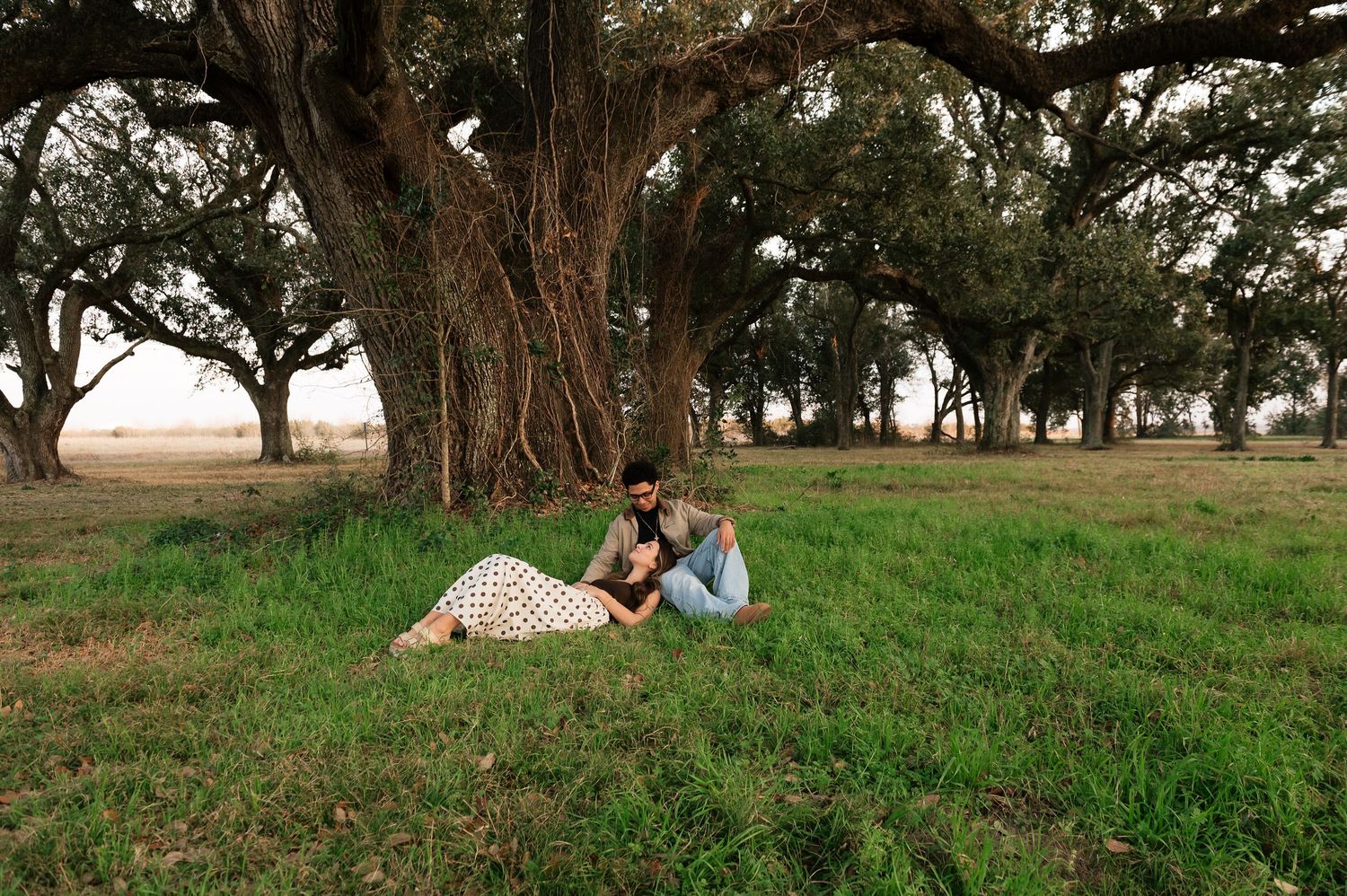 Couple sitting together on green grass beneath large oak trees in a serene countryside setting.
