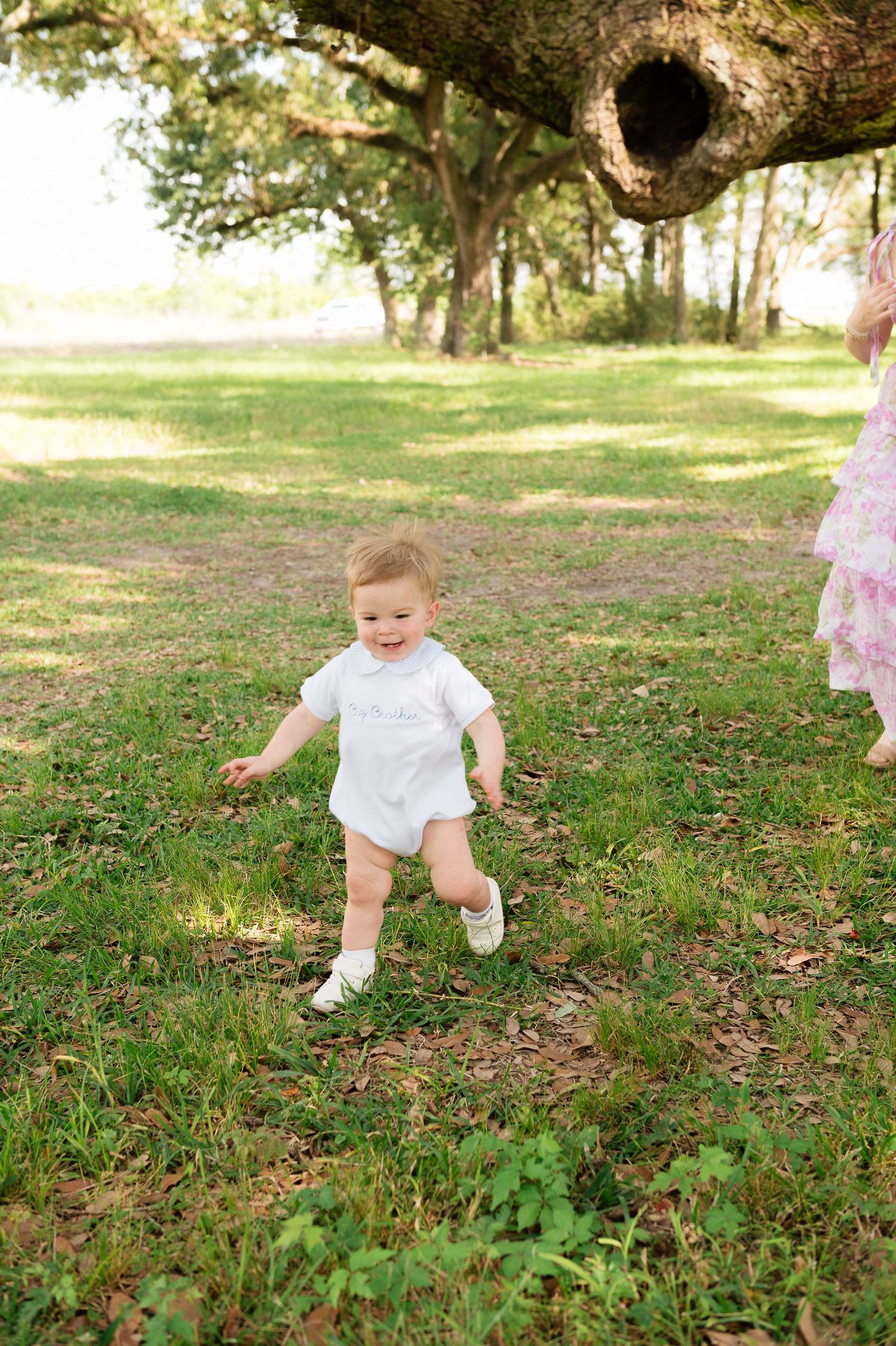 A toddler in a white outfit takes first steps on green grass beneath a large oak tree in a sunny park.