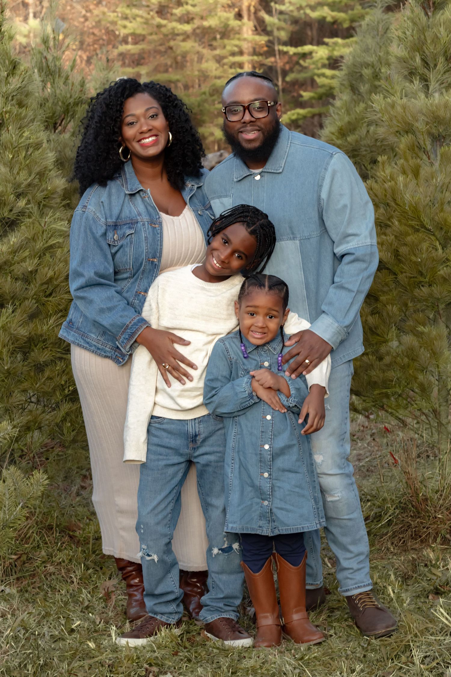 Family portrait sequence outdoors with matching denim outfits against natural background.