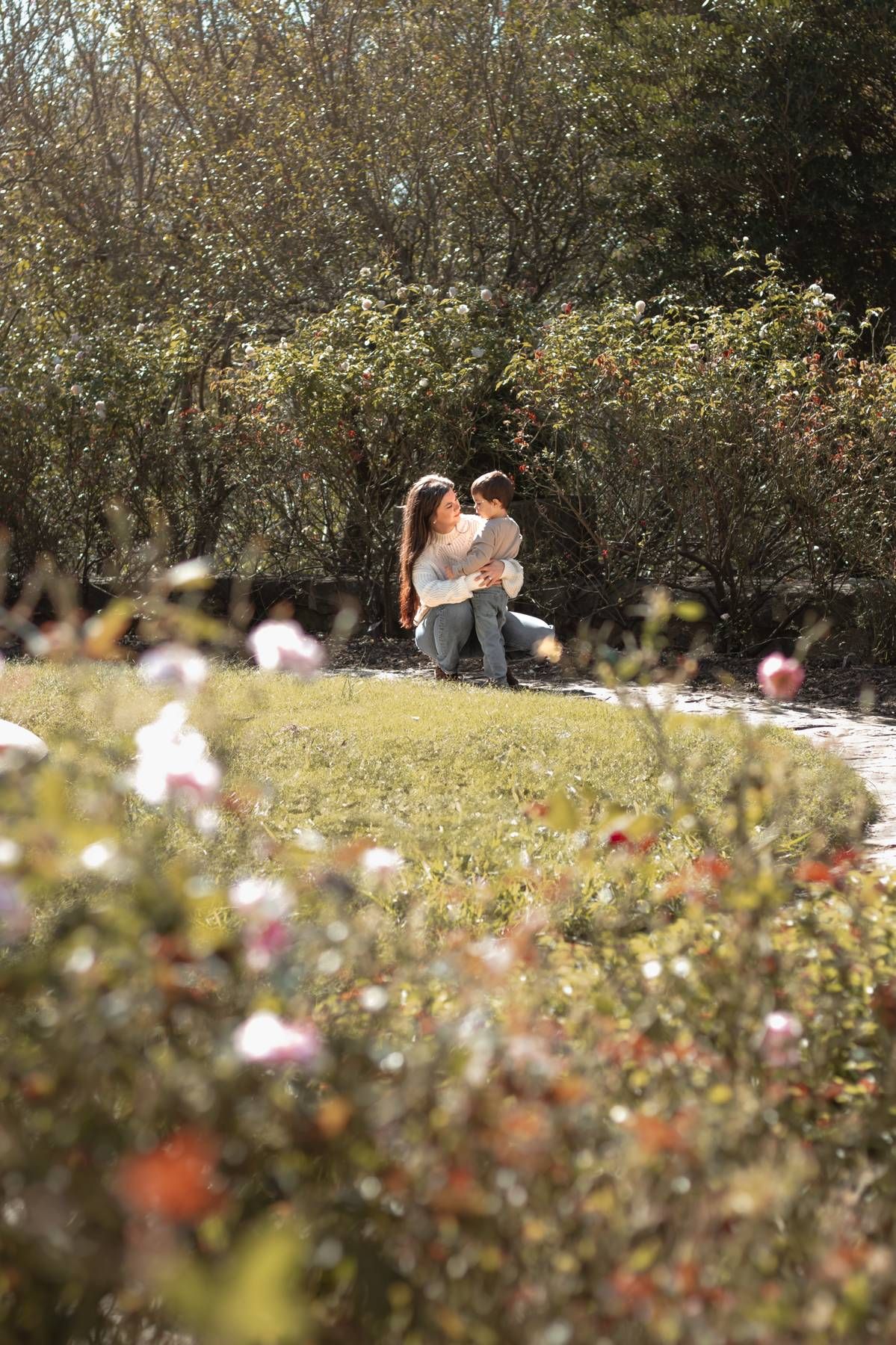 Blurred artistic shot of garden with flowers in soft focus.
