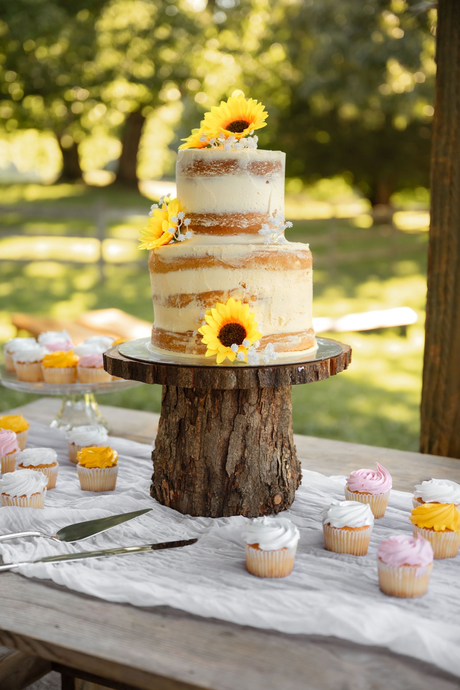 Rustic two-tier naked wedding cake adorned with sunflowers on a tree stump stand, surrounded by colorful cupcakes outdoors.