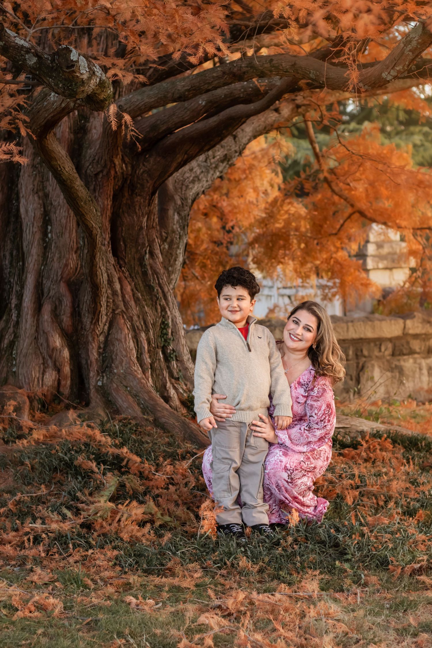Autumn family photoshoot under large trees with warm orange tones.