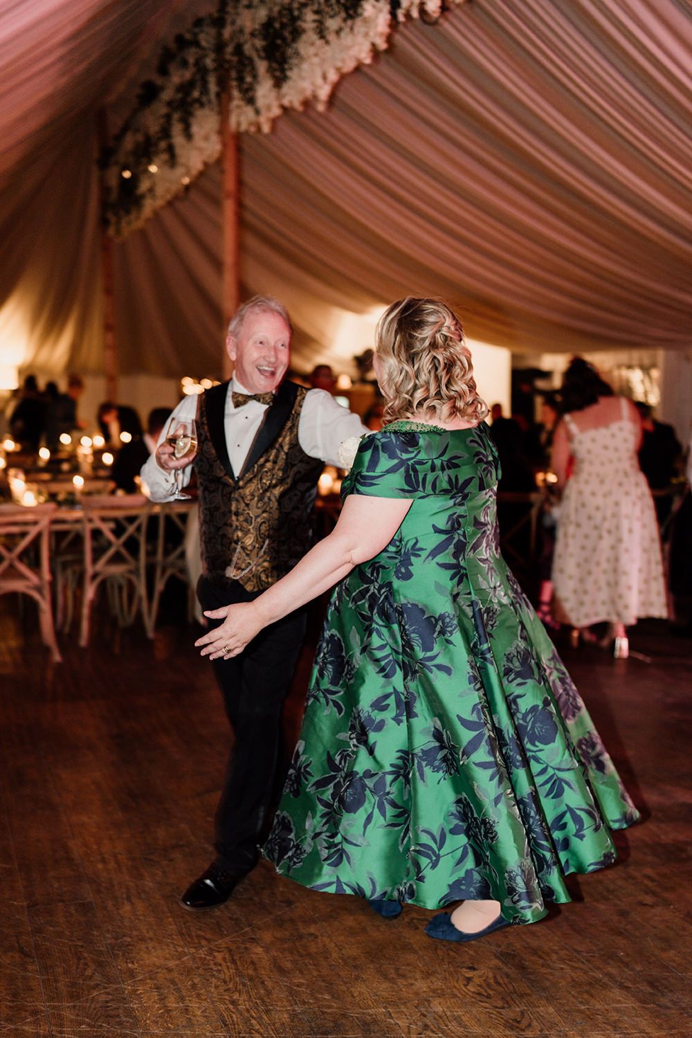 Guest Wedding Photography: Wedding guests dancing and celebrating the wedding day at Middleton Lodge Estate.