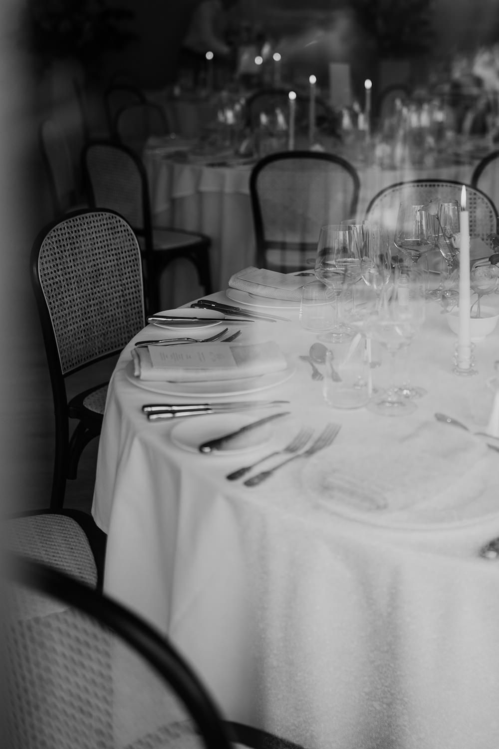 Wedding reception table in Kilvert Hall styled ready for guests to enjoy their meal.