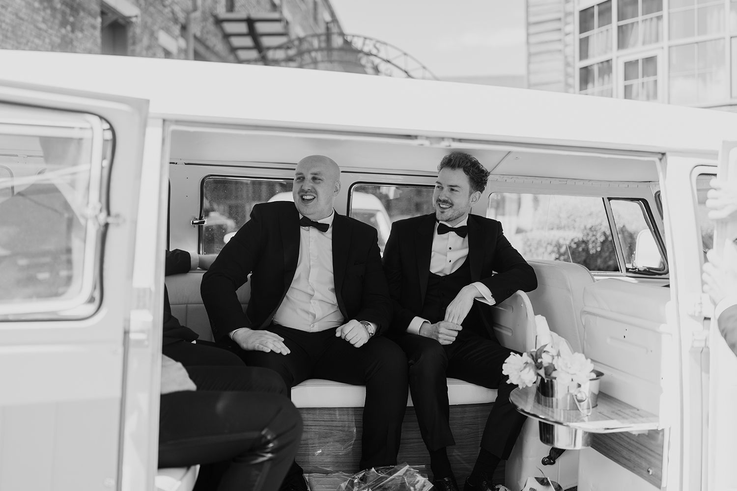 Arriving in style: a chic campervan ride to the The Secret Tower Newcastle wedding venue.