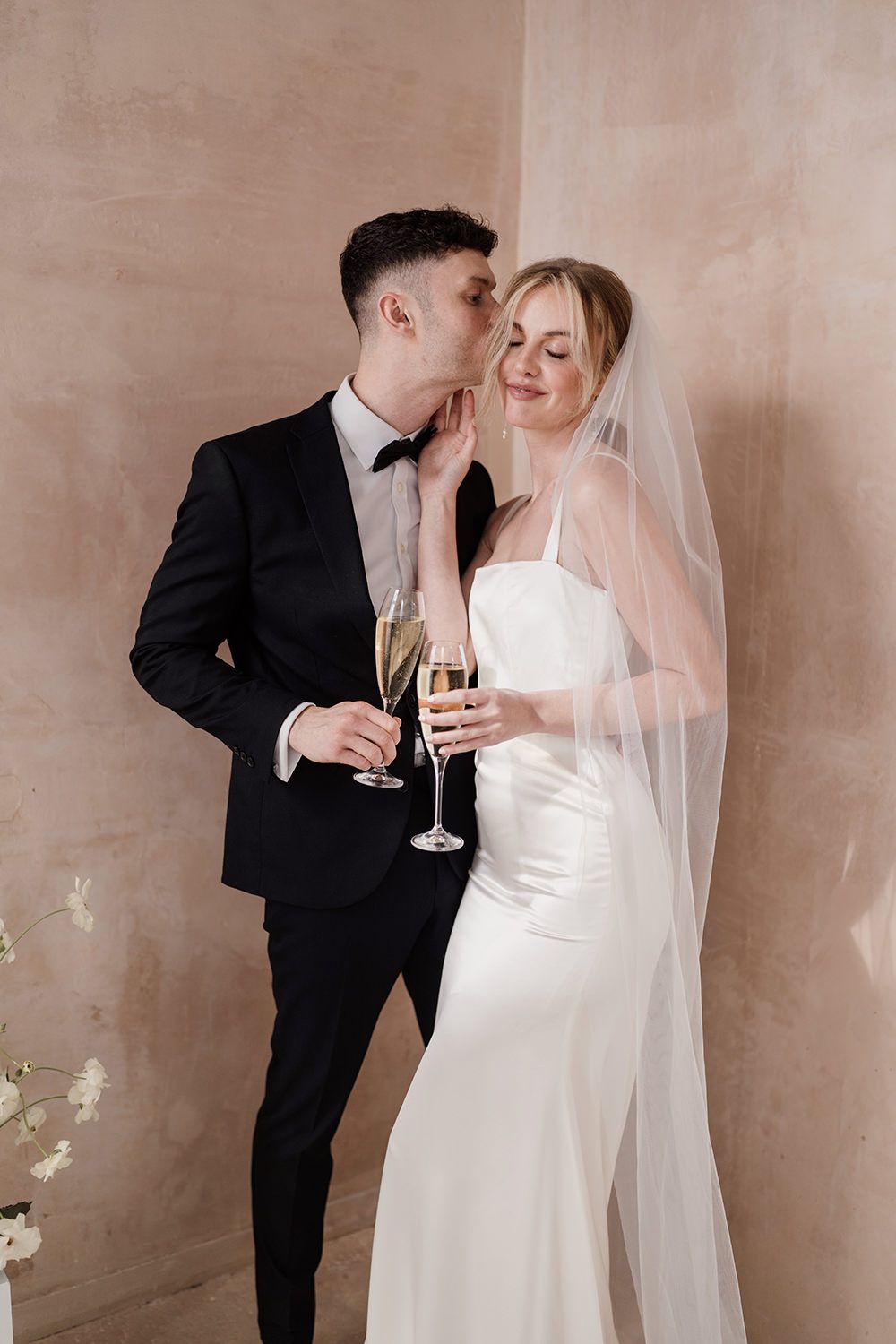 Couple smiling on wedding day at their venue in ibiza.