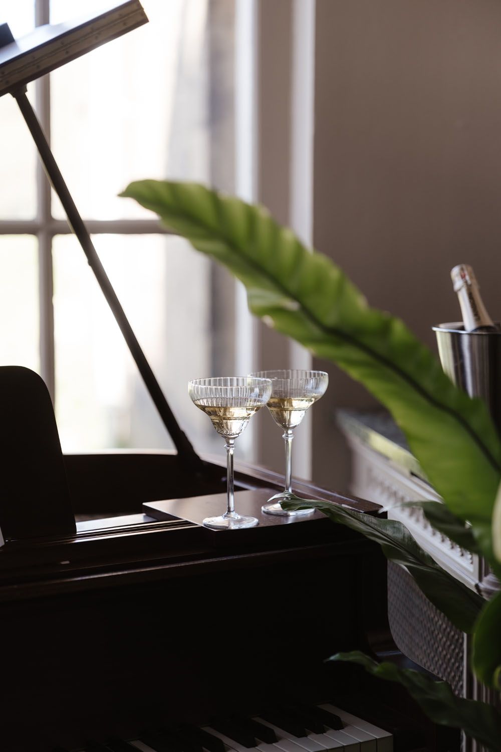 Two champagne glasses on a grand piano with tropical plant and champagne bottle in elegant room.