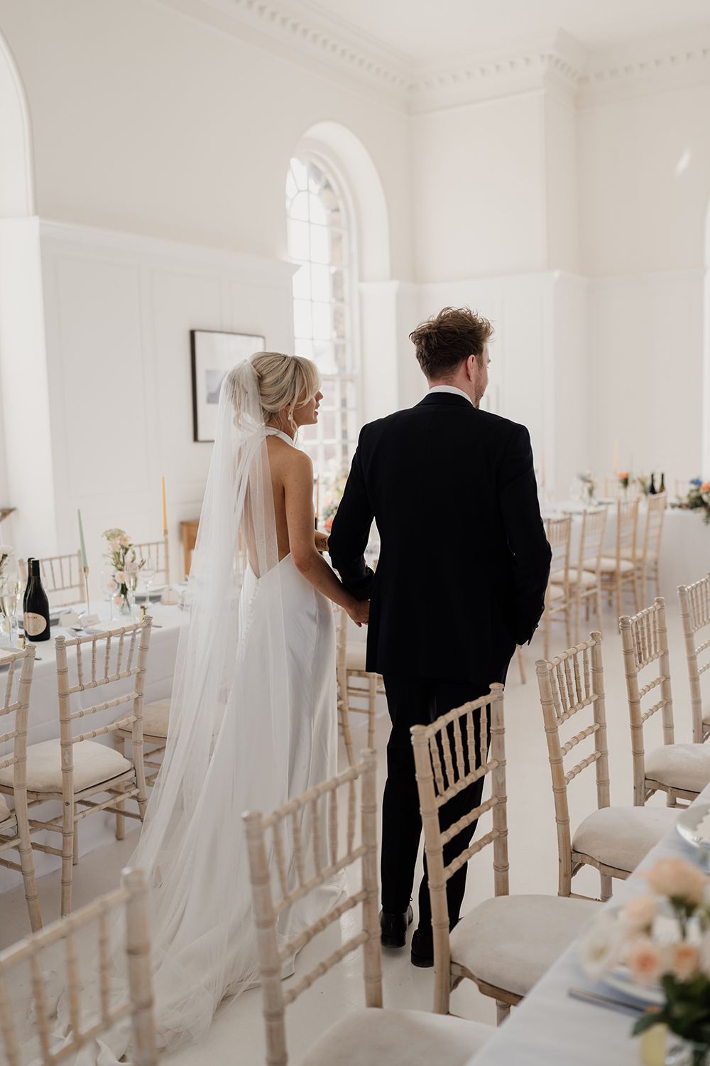 Intimate moment: Bride and groom in The Secret Tower’s chic reception room.