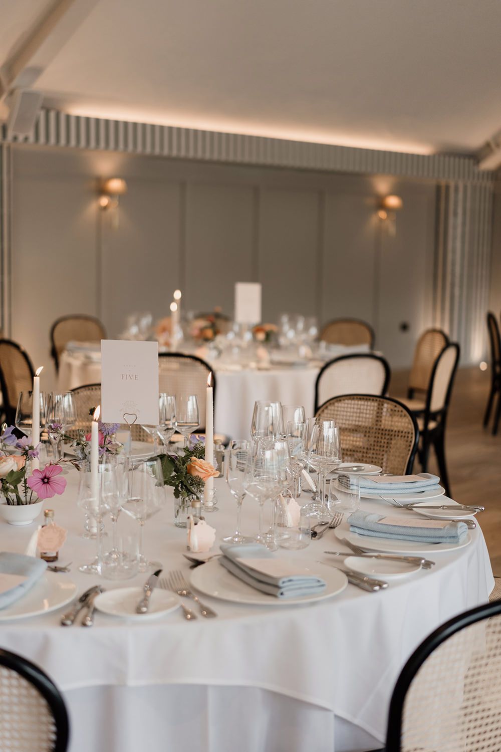 Editorial wedding reception table styling ready for guests to be seated.