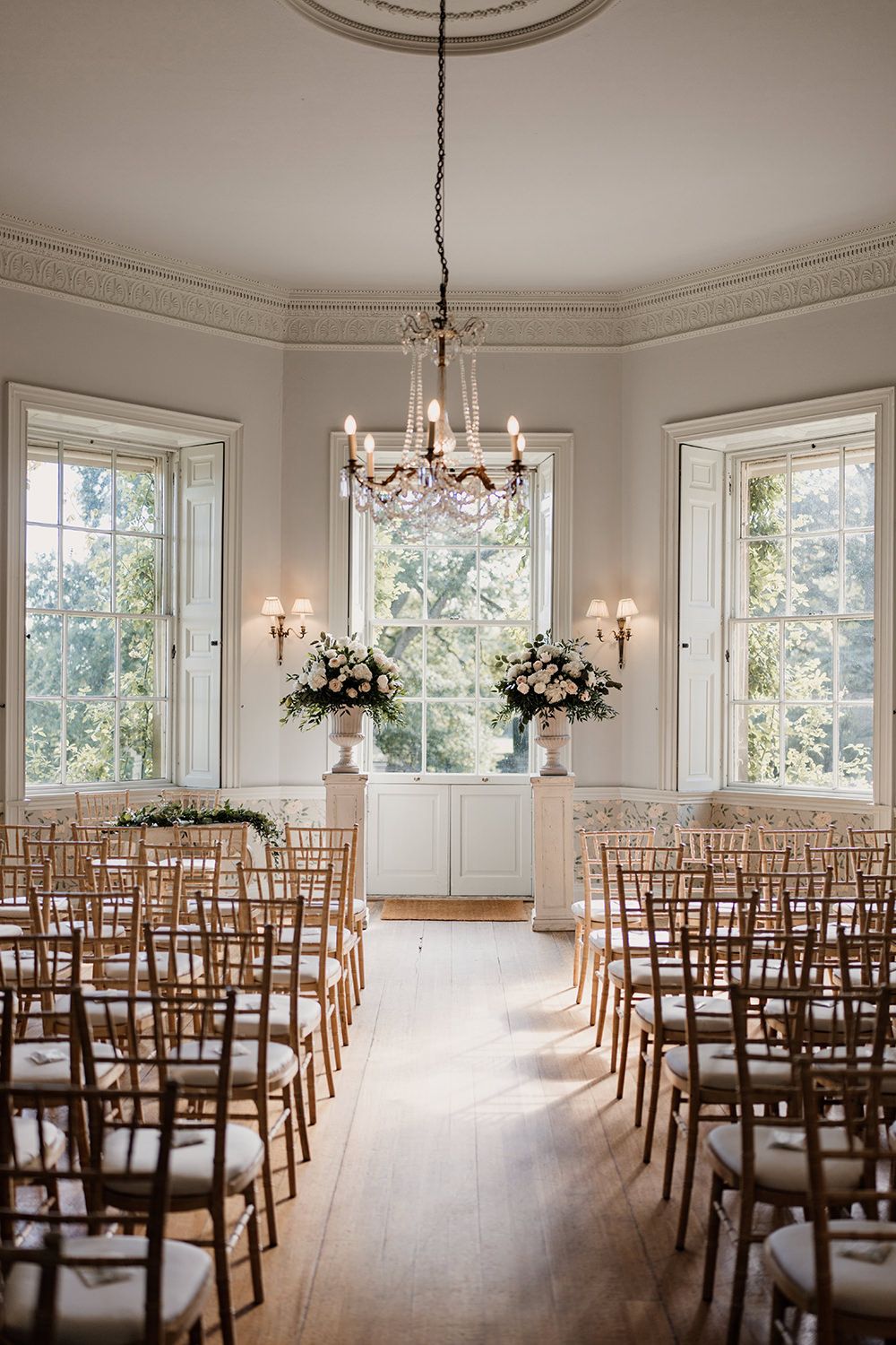 Close-up of the wedding florals, set against Middleton Lodge’s historic architecture.