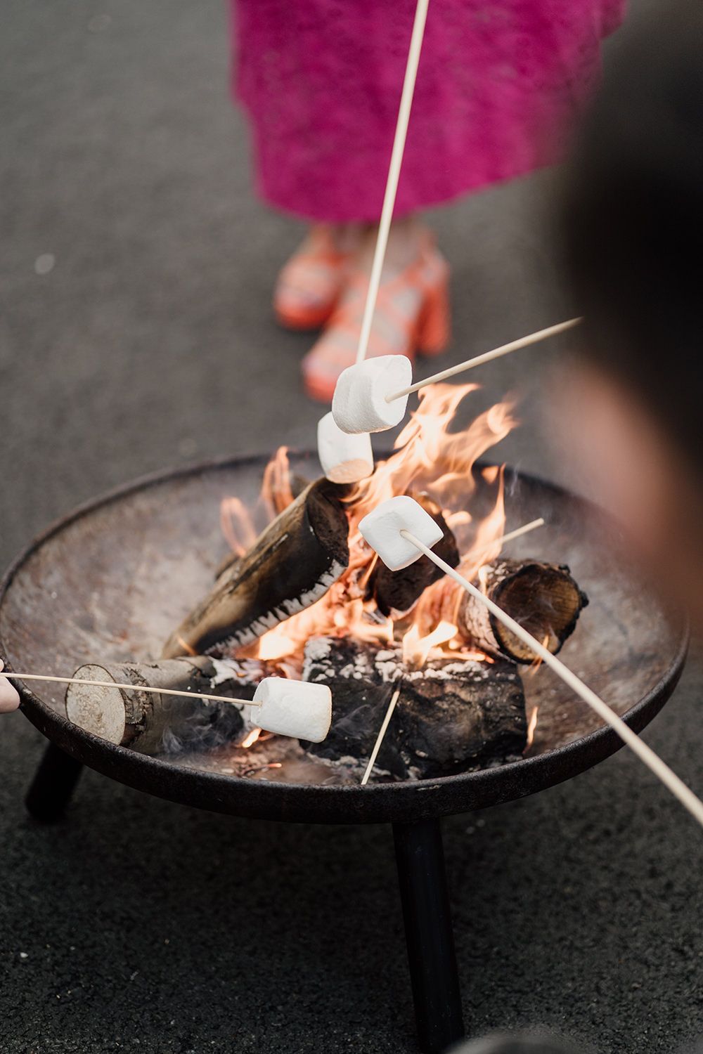Firepit with wedding guests toasting marshmallows on wooden skewers.