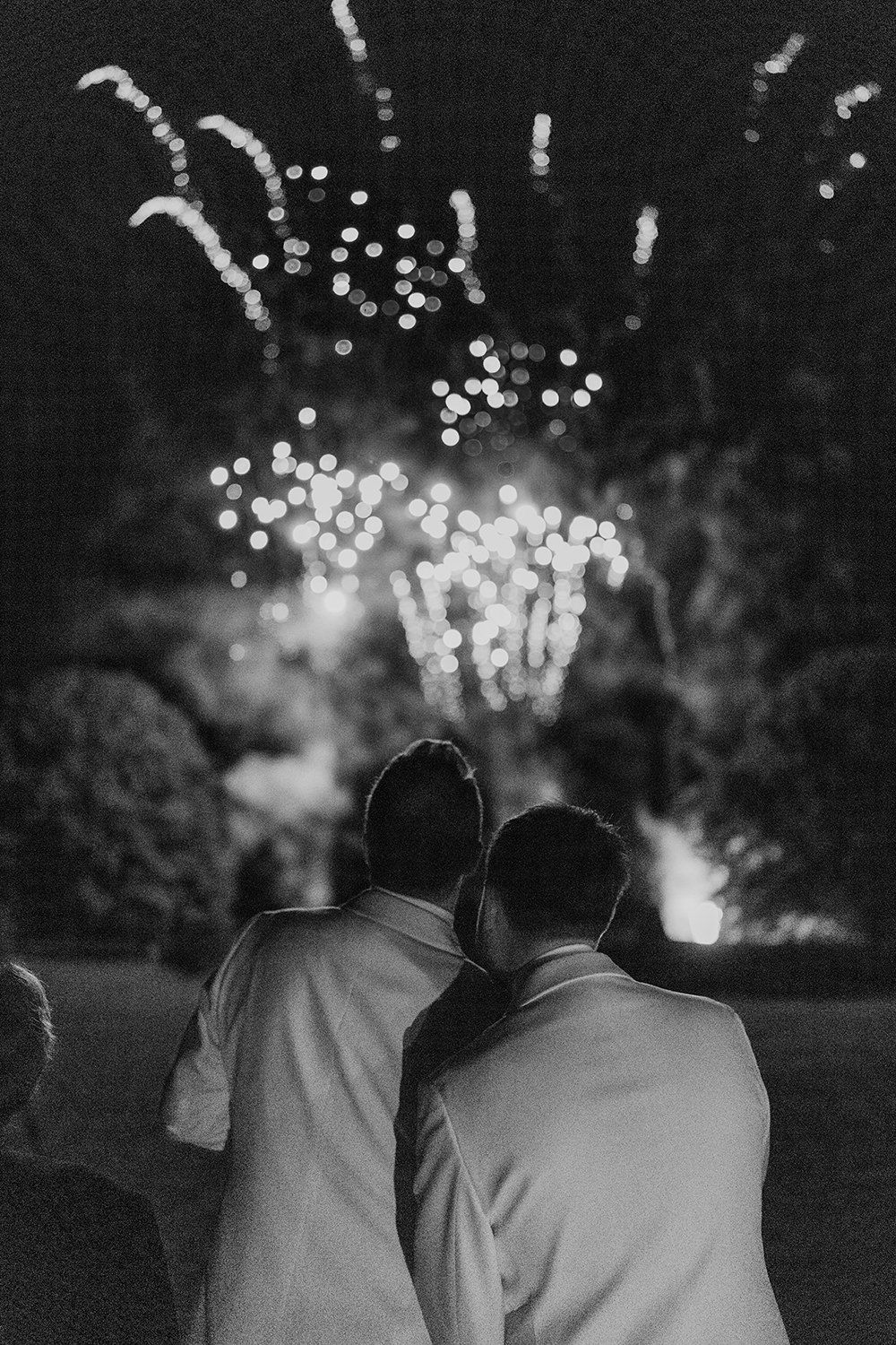 Grooms cuddled into each other watching fireworks on their wedding day.
