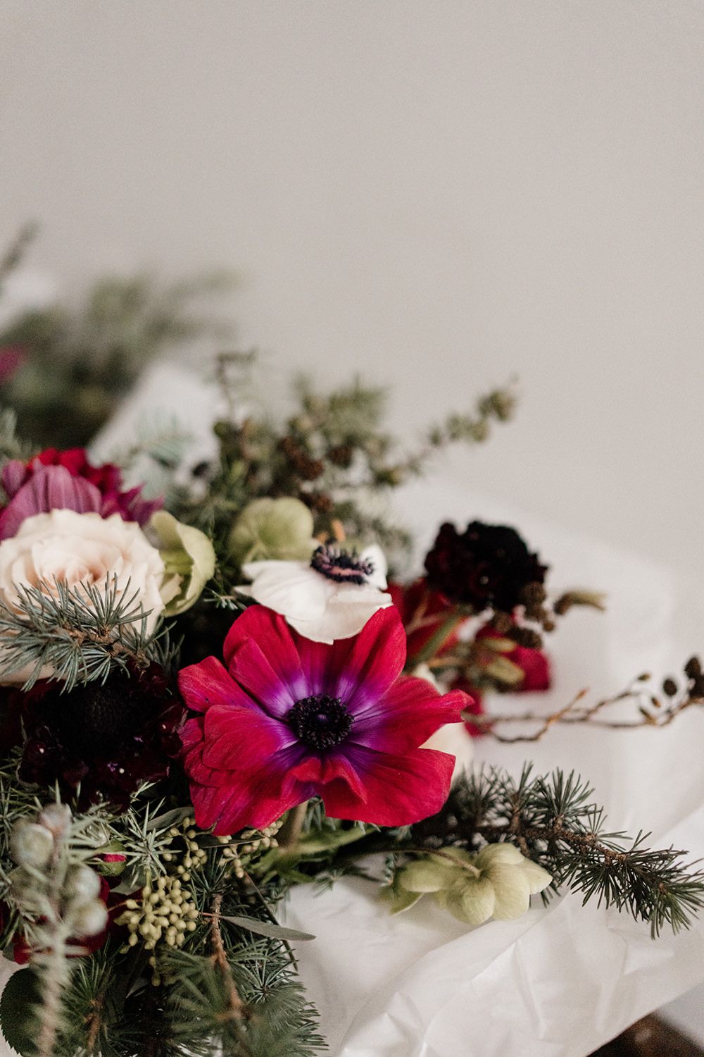 Close-up of vibrant red anemone flower with dark center in winter floral arrangement with evergreen branches and white blooms.