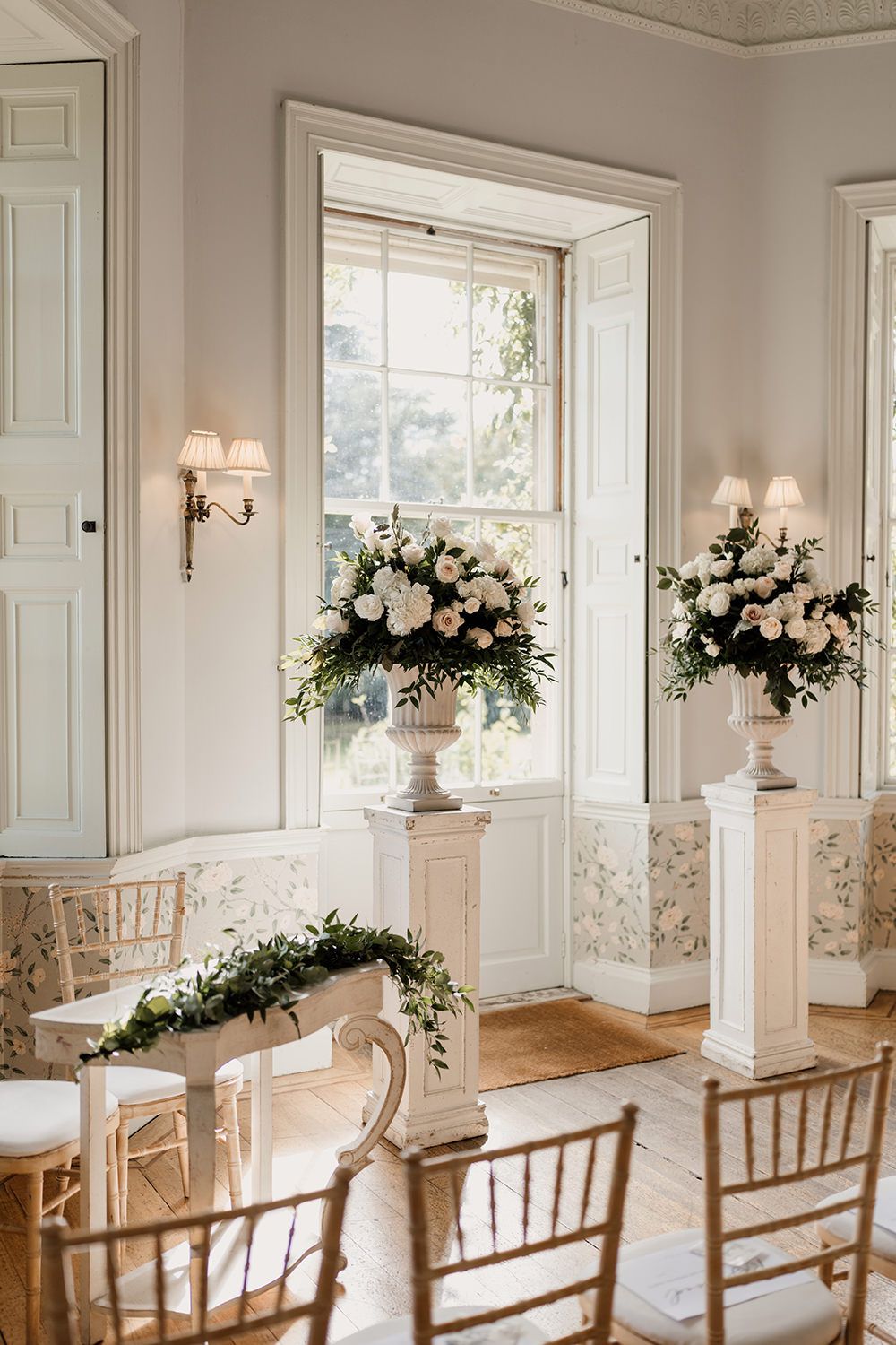 Close-up of the wedding florals, set against Middleton Lodge’s historic architecture.