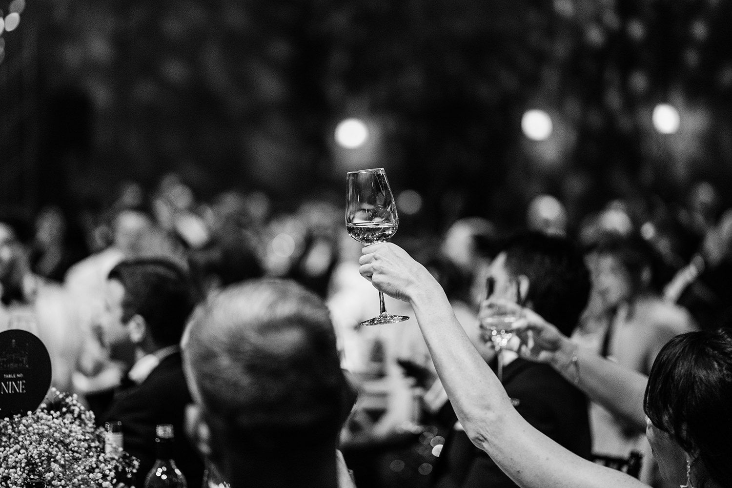 Wine glass being raised amongst guests during wedding speeches.