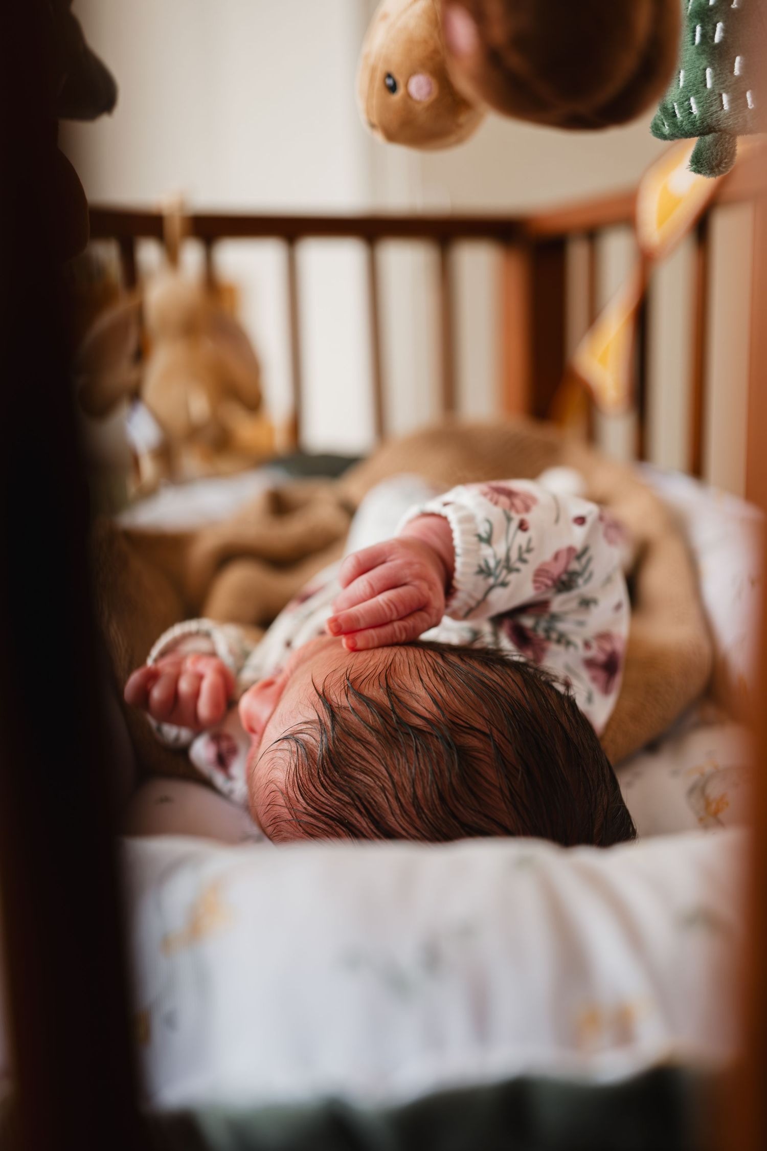 Newborn baby sleeping peacefully in a crib wearing a floral onesie, surrounded by soft bunny toys.