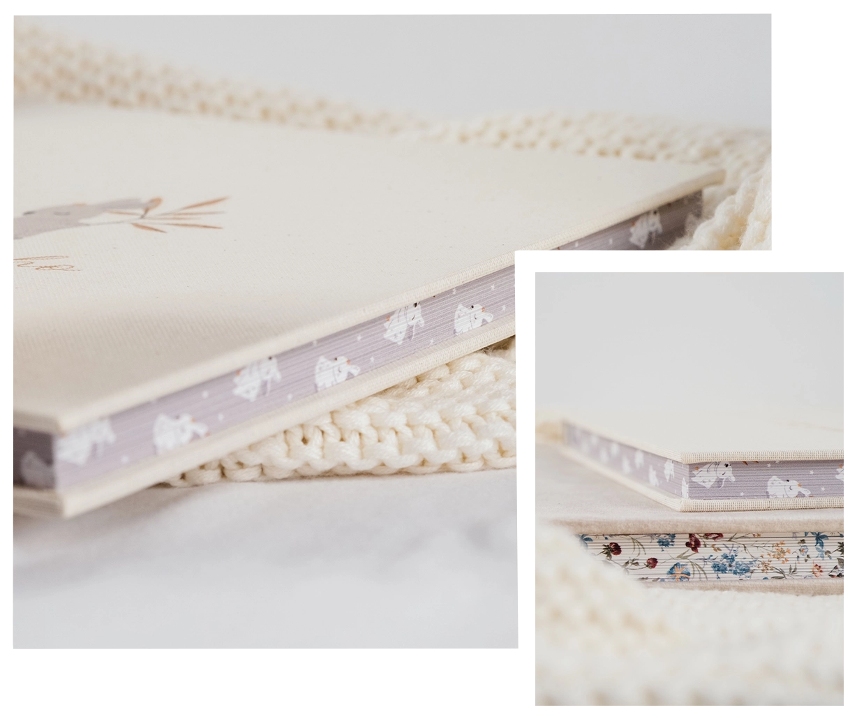Close-up of layered fabric notebook covers with floral and bunny patterns on a cream knit background.