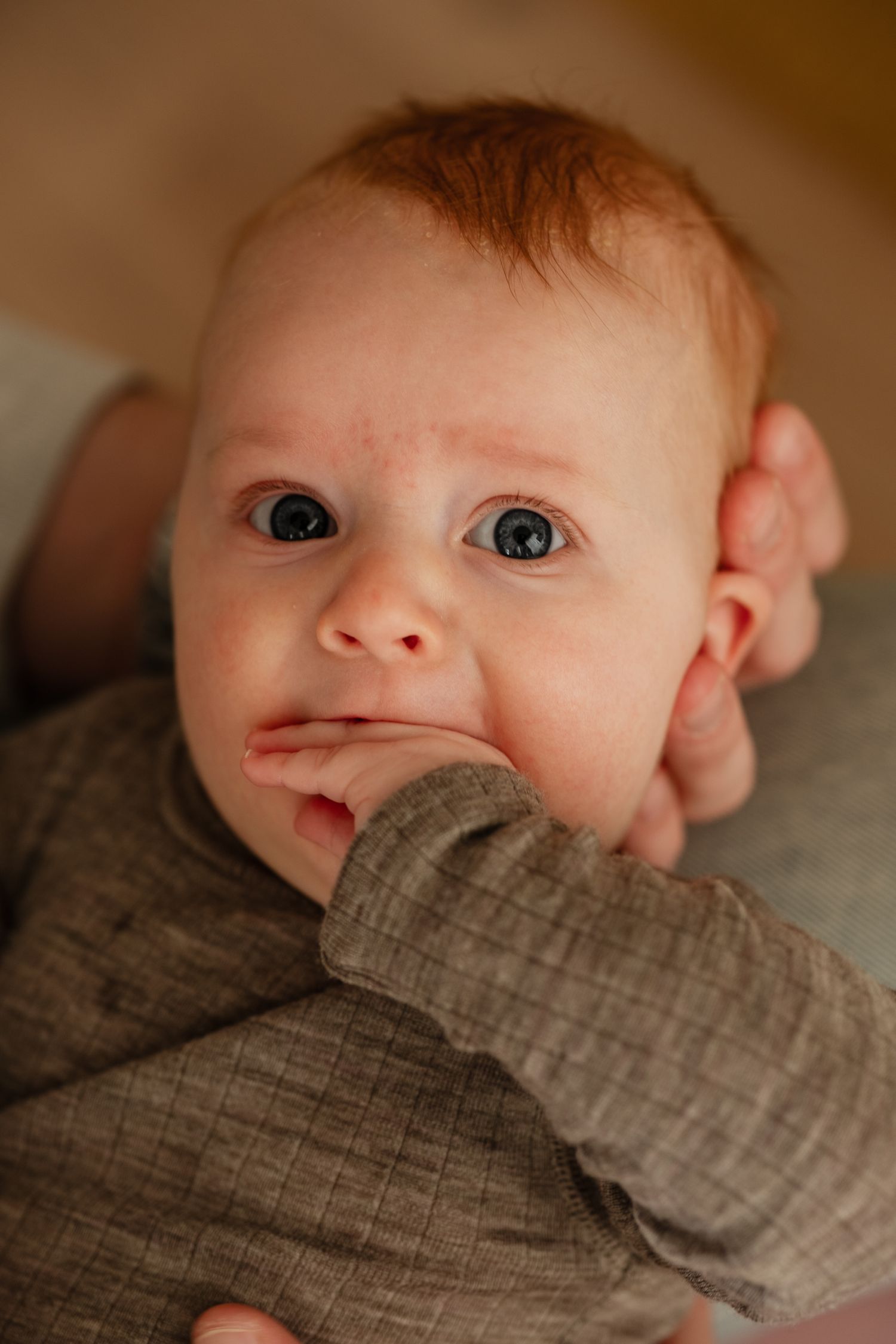 A series of close-up photos showing bright blue eyes peeking over a gray textured blanket.