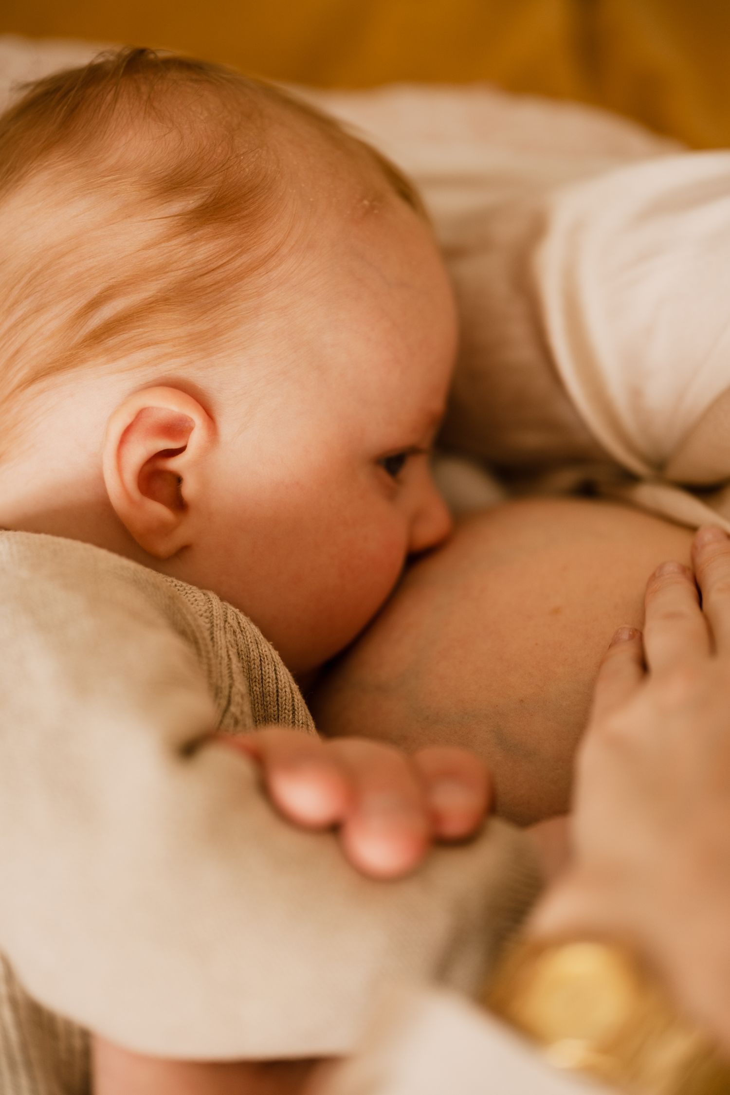 A tender moment of breastfeeding as an infant nurses while lying down in soft, warm lighting.