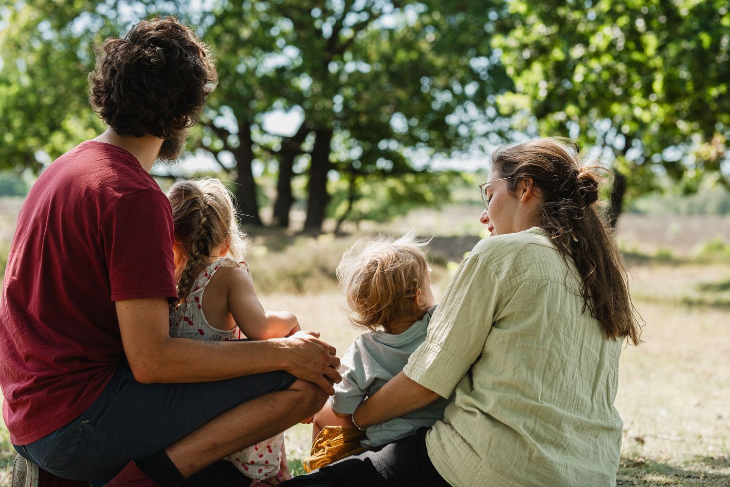 Family sitting together outdoors in a park, viewed from behind, enjoying nature on a sunny day.