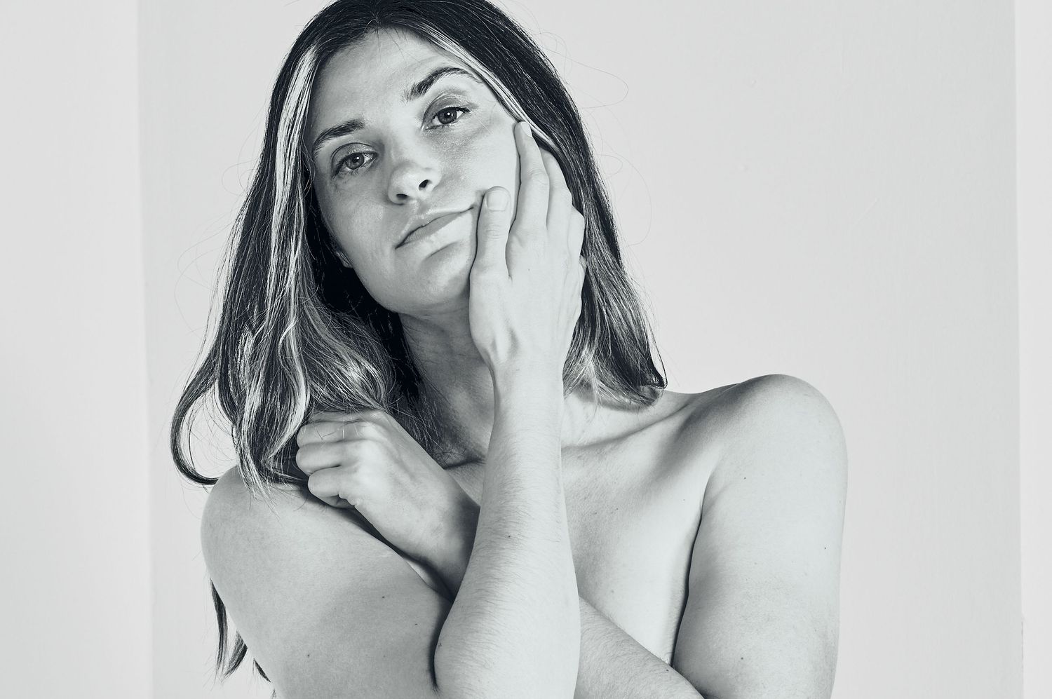 Artistic black and white portrait, Genevieve showing strength and softness.