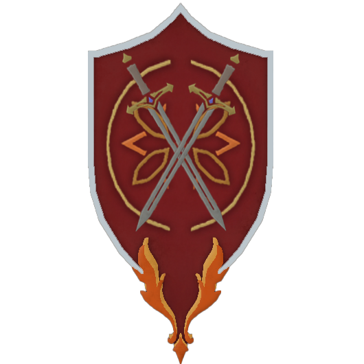 Medieval fantasy shield designs in burgundy red with crossed swords and flame motifs arranged in a horizontal row.