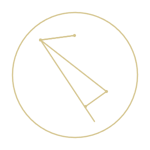 Minimalist gold geometric triangle constellation line art inside a thin circle on white background.