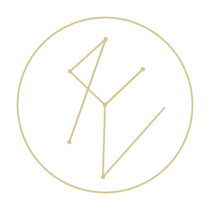 Minimalist gold geometric constellation logo design inside a thin circle on white background.