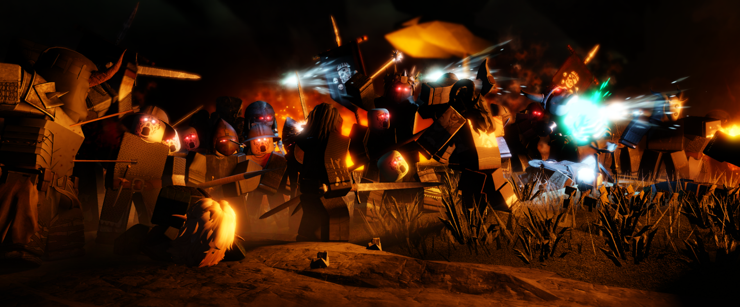 Nighttime scene with glowing lights and atmospheric effects in an outdoor setting.
