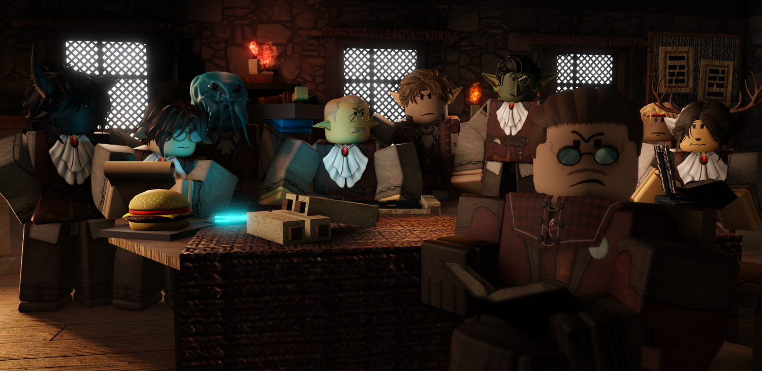 Dark tavern scene with blocky Roblox-style characters gathered around tables in a dimly lit medieval inn.
