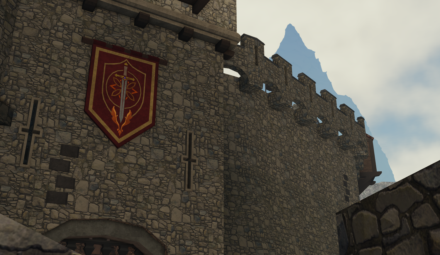 Stone castle interior with red banners and decorative elements along the walls.