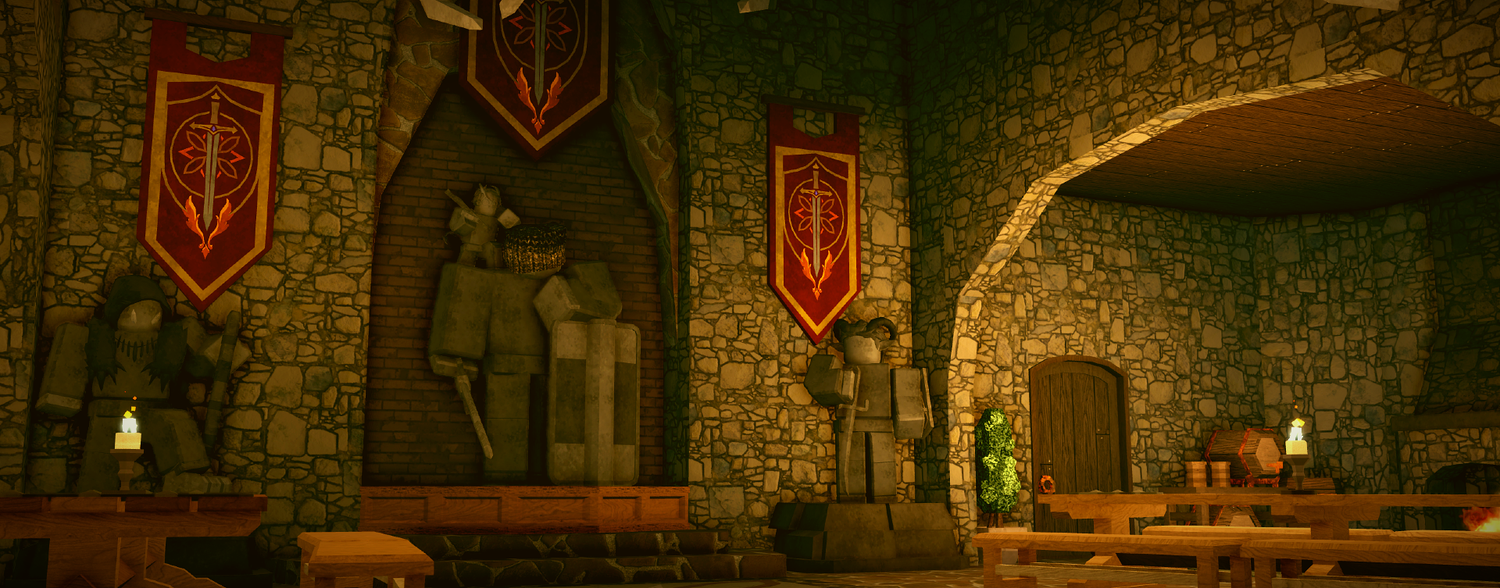 Medieval castle corridor with stone walls illuminated by warm lighting.