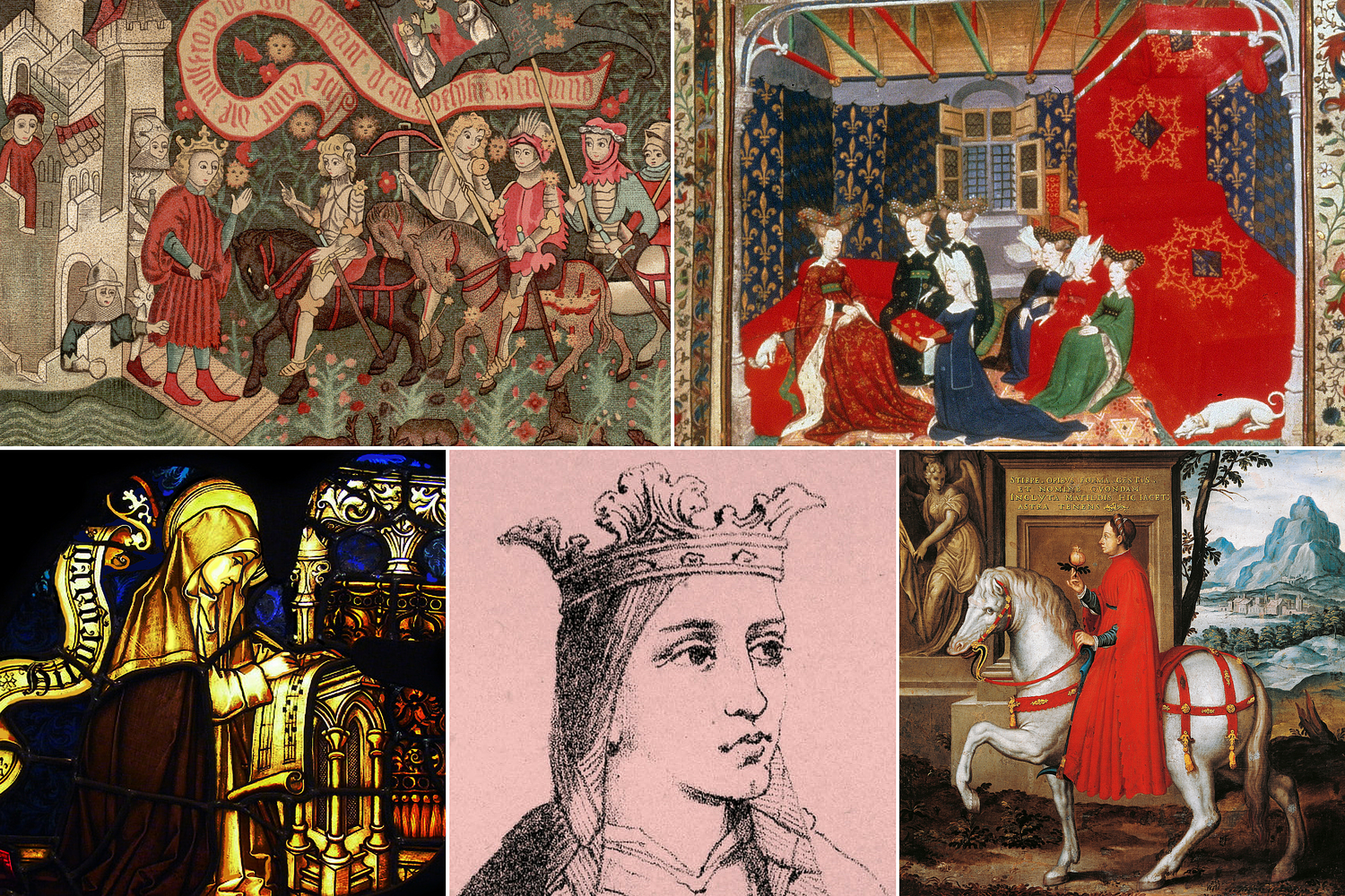Historical artwork collection showing medieval scenes and illustrations in a horizontal layout.