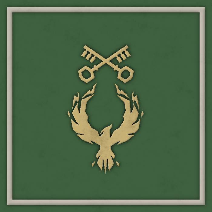 A series of six military or heraldic emblems in gold on dark green backgrounds showing crossed weapons and eagles.