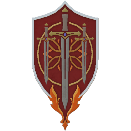 Medieval fantasy shield design with a silver sword and golden ornate pattern on red background with orange flame accent.