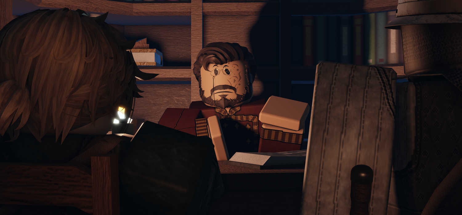 Dark animated scene showing two LEGO-style characters in a dimly lit room with books and shelves in the background.