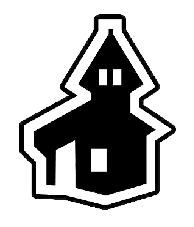 Black and white icon of a haunted house silhouette with a pointed roof and glowing windows.