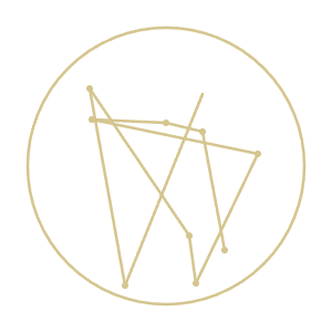 Minimalist golden geometric logo with interconnected lines forming abstract shapes inside a thin circle.
