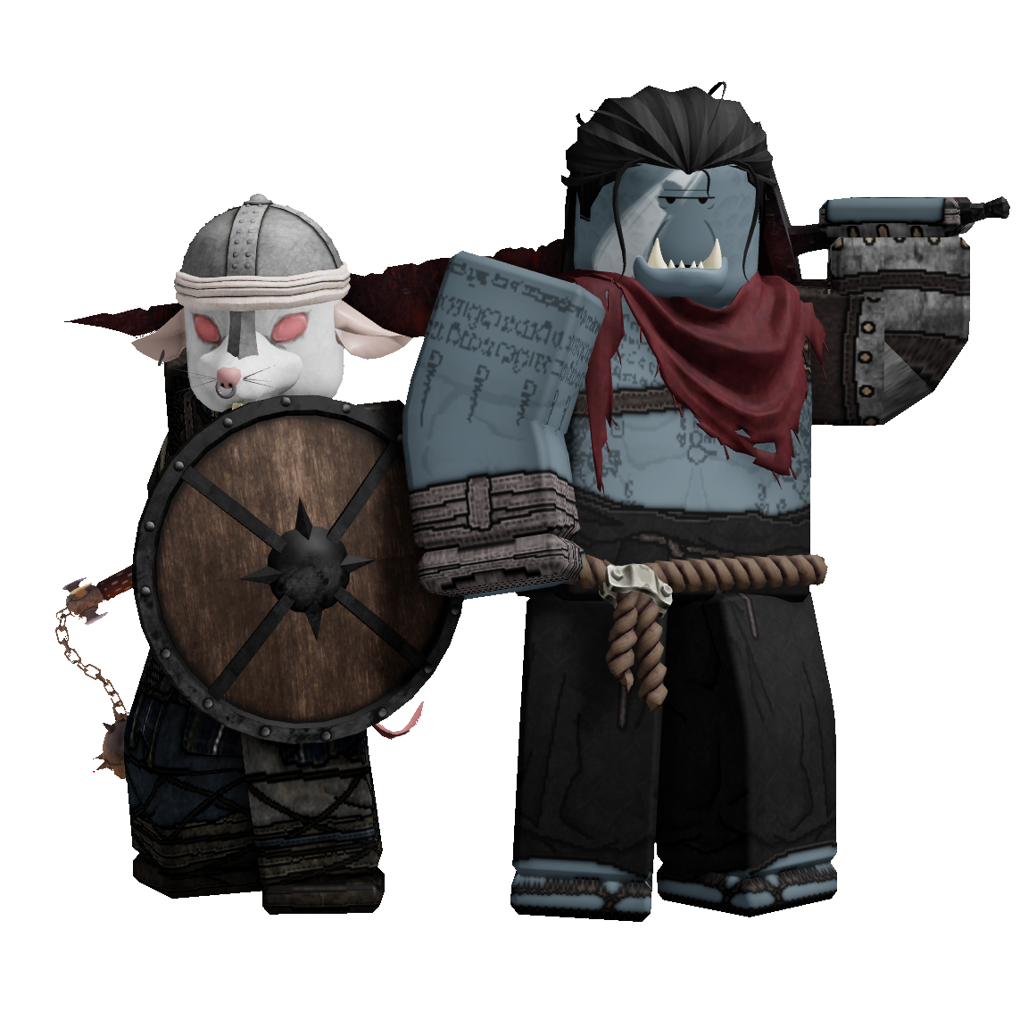 Two Roblox fantasy characters, a goblin with shield and a troll warrior with axe, in dark medieval armor.
