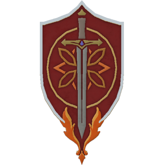 Medieval fantasy shield emblem with red background featuring a silver sword and golden floral design with orange flames.