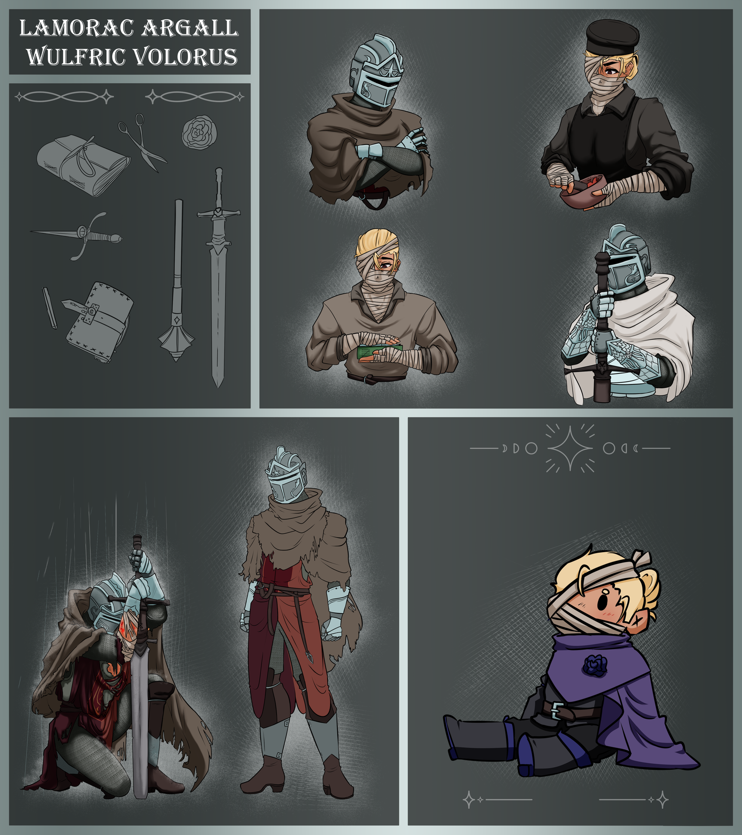 Fantasy character concept art sheet showing Lamorac Argall and Wulfric Volorus in medieval armor with weapons and chibi poses.