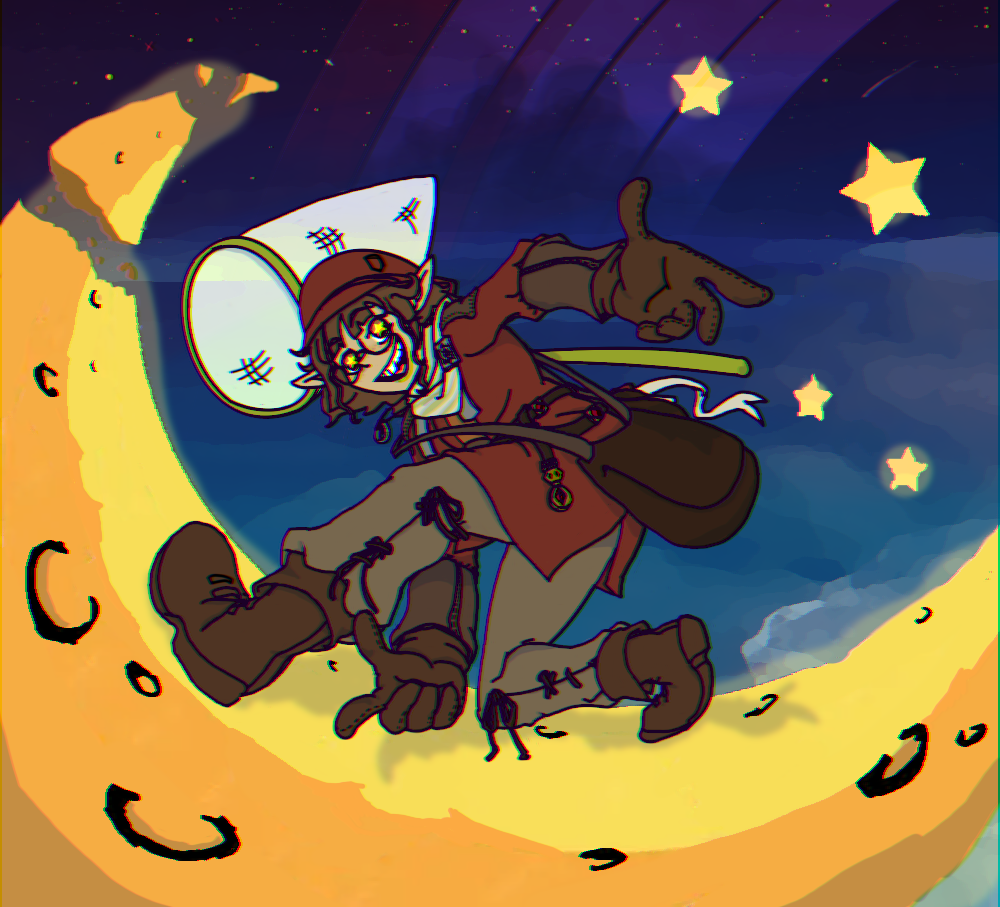 Animated scene of a character flying through a starry night sky with a crescent moon.