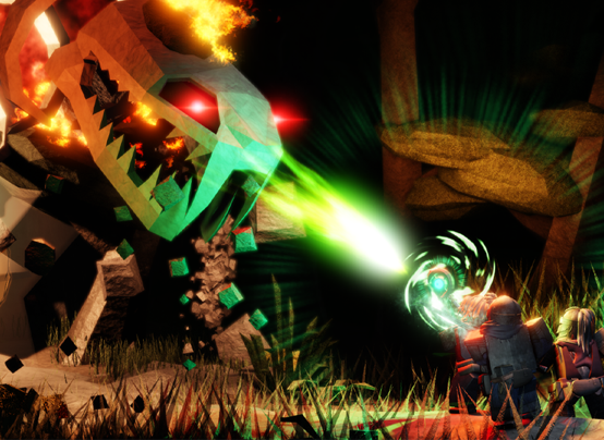 A giant robot enemy fires a green laser beam at a player character in a colorful action video game scene.